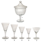 Serviço de copos em cristal translucido, constando de 29 peças, sendo: 1 compoteira; 3 taças p/ água (18 cm); 8 taças p/ vinho tinto (16 cm); 8 taças p/ vinho branco (12 cm); 6 taças p/ licor (12 cm) e 3 taças p/ champanhe (13 cm)