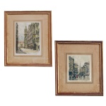 Pendant de duas gravuras francesas em seda. Ass.  25 x 22 cm (MI). 52 x 45 cm (ME) / 30 x 24 cm (MI). 52 x 45 cm (ME).