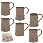 Conjunto de seis canecas em pewter da manufatura, John Somers, Brasil JS x MG. 11 cm. Peças novas, excelente estado. Acompanha bag em tecido. JS para John Somers. X é um símbolo para chumbo. MG Minas Gerais, Brasil.