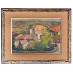 Escola Francesa - Paisagem Cubista. Óleo s/ tela. Ass. e datado cid. 23 x 32.5 cm. Assinatura não Identificada.