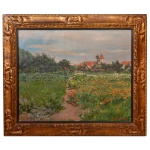 Escola Belga. Séc. XX - Aimé Stevens 1869-1951- Jardim e Vila ao Fundo. Ass. cid. 45 x 55 cm. Artista com cotação internacional, Art Price. Moldura de época.