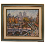SÉRGIO TELLES (Rio de Janeiro, 1936) - Paris com Vista para o Rio Sena e a Catedral de Notre Dame. Óleo s/ tela. Ass. 50 x 60 cm (MI). 82 x 72 cm (ME).