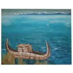 MASSAO OKINAKA (Kioto, 1913  São Paulo, 2000)  Lago Titicaca  Canoa Rustica. Óleo s/ tela. Ass. e localizado cie. 65 x 81 cm.  Pintor, desenhista e professor nascido no Japão que decidiu radicar-se na capital paulista e aí exercer sua atividade artística.Iniciou os estudos de arte em seu país natal. Cursou a Escola de Belas Artes de Kansai, onde teve como professores Kuroda Jyutaro e Narahara Kenzo. Com Onishi Kakyo aprende os fundamentos da antiquíssima arte denominada sumi-ê que introduziu e divulgou no Brasil. Em 1932 emigra para o Brasil, escolhendo a cidade de Lins para residir. Terminada a Segunda Guerra, puderam os pintores nipo-brasileiros reabrir o grupo Seibi-kai. Uns dos primeiros a aderir ao renascido grupo foi Okinaka, em 30 de março de 1947.