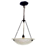 Luminária de teto em pasta de vidro fosca, em formato circular, com relevo de gomos e folhagens, sustentado por pendente em latão.A inscrição Ros  embora o s pareça ser o R espichado  após muito pesquisar, consegui associá-la à manufatura Ro Sham Beaux, fabricante de lustres e móveis, sediada nos Estados Unidos, mais exatamente no estado da Carolina do Sul, e resultante da fusão de duas empresas previamente existentes.  Teria que verificar essa possibilidade da origem da peça com a comitente. O material metálico com o qual trabalha é latão e níquel polido.