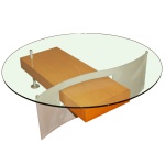 Modelo Klee. Made in Itally. Séc. XX - Mesa de centro apresentando tampo de cristal, encimado por base de madeira e aço em movimento sinuoso. 36,5 x 110 cm.