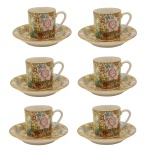 Conjunto de seis xícaras para café com pires de porcelana com intensa decoração floral e de cores. No fundo as inscrições: Lotos Blooms Brand  Made in China.  5,5 x 7 cm / 11,5 cm. Pertenceu ao Espólio de Vitória Dib Bachour.