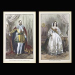 Pendant  - Portrait de Limpératrice e  Lempereur du Brésil. Xilogravura aquarelada de época. Séc. XIX. Desenho de Trichon L. Chapon e C. Maurand. Ass. cid. Gravador: Riou D´Apres Biard. 16,1 x 10 cm (MI): 23,2 x 14 cm (ME).