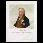JEAN VI.  Roi de Portugal, du Brésil et des Algarves - Litogravura aquarela de época. Desenho de Camoin. Gravador: Huet. Impresso em Paris. 13,5 x 13,5 cm (MI). 31 x 23,5 cm (ME). Segundo historiadores, uma das mais belas representações já feitas do Dom João VI, em que ele não aparece feio.