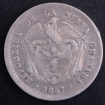 Rara Moeda Estrangeira, NOVA GRANADA - COLÔMBIA, Valor Peso, Data 1857, Prata, Peso 25 g, Muito Bem Conservada.