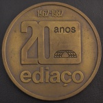 Medalha Comemorativa do Brasil, 20 Anos Ediaço / RJ - 1962/1982, Bronze, Diâmetro 70 mm, Flor de Cunho.
