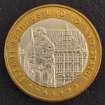 Medalha Comemorativa, Alemanha - Câmara Municipal de Bremer e Estátua de Roland /  Estado Hanseática Livre Bremen, Sem Data, Bimetálica, Flor de Cunho.