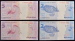 Cédulas Brasileiras, " Casais Perfeitos " , Numerações Sequenciais AA 000041192 e AA000041193, Valores 2 e 5 Reais, Flor de Estampas.