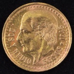 Numismática: Moeda do MÉXICO, Valor 2 e 1/2  Pesos Mexicanos, Ano 1945, Ouro, Peso 2 g, Diâmetro 15,5 mm, Muito Bem Conservada.