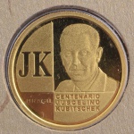 Moeda Comemorativa do Brasil, Homenagem aos 100 Anos do Presidente Juscelino Kubitschek, Valor 20 Reais, Data 2002, Ouro, Peso 8 g, Diâmetro 22 mm, Cartela Original com Certificado, Proof - Flor de Cunho.