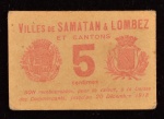 Cédula Particular, FRANÇA, Emissão Particular da Cidade de Samatan & Lombez, Valor 5 Centavos, Data 22 de Dezembro de 1918, Muito Bem Conservada.