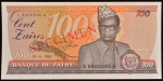 Cédula do ZAIRE, " SPECIMEN ", Valor 100 Zaires, Data 30/06/1983, Flor de Estampa.