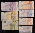 Coleção de Cédulas Fantasia do EURO, " Carimbo SPECIMEN ", Valores 5; 10; 20; 50; 100; 200 e 500 Euros, Série 2001, Flor de Estampas.