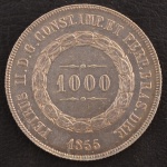 Moeda do Brasil, Império, 2º Tipo - 3º Sistema Monetário, Valor 1000 Reis, Data 1855, Prata, Peso 12,75 g, Diâmetro 30 mm, Muito Bem Conservada.