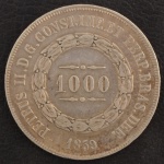 Moeda do Brasil, Império, 2º Tipo - 3º Sistema Monetário, Valor 1000 Reis, Data 1859, Prata, Peso 12,75 g, Diâmetro 30 mm, Muito Bem Conservada.