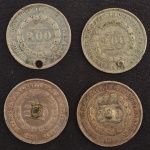 Moedas do Brasil, Império, Valor 200 Reis, Período 1854/1867, Prata, Peso de Cada 2,5 g, Diâmetro 19 mm, com Solda e Furada.