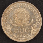 Moeda do Brasil, República, Valor 500 Reis, Data 1913, 5º Tipo - Estrelas Soltas, Prata, Peso 5 g, Diâmetro 22 mm, com o Brilho da Cunhagem - Flor de Cunho.