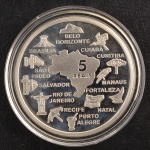 Moeda Comemorativa do Brasil, Copa do Mundo FIFA / Brasil 2014 - As Doze Cidades Sede do Evento, Valor 5 Reais, Data 2014, Prata, Peso 27 g, Diâmetro 40 mm, sem Estojo e Certificado, Proof - Flor de Cunho.