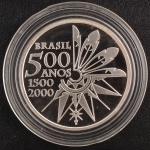 Moeda Comemorativa do Brasil, 500 Anos do Descobrimento do Brasil 1500/2000, Valor 5 Reais, Data 2000, Prata, Peso 27 g, Diâmetro 40 mm, sem Estojo e Certificado, Proof - Flor de Cunho.