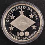 Moeda Comemorativa do Brasil, Homenagem aos 100 Anos da FIFA , Valor 2 Reais, Data 2004, Prata, Peso 27 g, Diâmetro 40 mm, sem Estojo e com Certificado, Proof - Flor de Cunho.