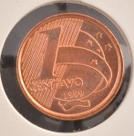 Moeda do Brasil, 2ª Família do Real, Valor 1 Centavo, Data 1999 ( Tiragem Baixa - 104.874.000), Aço Revestido de Cobre, Flor de Cunho.