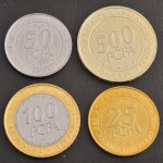 Coleção de Moedas, ESTADOS da ÁFRICA CENTRAL, Valores 50; 25; 100 e 500 Francos, Ano 2006, Aço e Bronze Alumínio, Flor de Cunho.