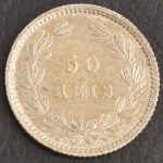 Moeda de PORTUGAL, Reinado Ludovicus I, Valor 50 Reis, Data 1889, Prata, Peso 1,3 g, Diâmetro 15 mm, Soberba.