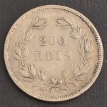 Moeda de PORTUGAL, Reino Pedro V, Valor 200 Reis, Data 1860, Prata, Peso 5 g, Diâmetro 23 mm, Muito Bem Conservada.