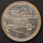 Moeda de PORTUGAL, Comemorativa ao Tratado de Tordesilhas, Valor 1000 Escudos, Data 1494/1994, Prata, Peso 28 g, Diâmetro 40 mm, Flor de Cunho.