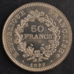 Moeda da FRANÇA, Valor 50 Francos, Data 1977, Prata, Peso 30 g, Diâmetro 40 mm, Excelente para Investimento, Flor de Cunho