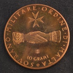 Moeda Estrangeira, ORDEM de MALTA, Valor 10 Grani, Data 1969, Bronze, Peso 8 g, Diâmetro  30 mm, Proof - Flor de Cunho.