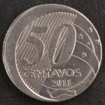 Moeda do Brasil, com Defeito na Cunhagem - " LINDO BONÉ", Valor 50 Centavos, 2ª Família do Real, Data 2011, Muito Bem Conservada.