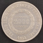 Moeda do Brasil, Império, 3º Sistema Monetário - 2º Tipo, Valor 2000 Reis, Data 1854, Prata, Peso 25,5 g, Diâmetro 37 mm, Soberba.