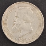 Moeda do Brasil, Império, 3º Sistema Monetário - 3º Tipo, Valor 2000 Reis, Data 1869, Prata, Peso 25,5 g, Diâmetro 37 mm, Soberba.