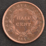 Moeda Estrangeira (Token), EAST ÍNDIA CIA ( Colônia Inglesa ), Valor Half Cent, Data 1845, Bronze, Soberba.
