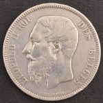 Moeda Estrangeira, BÉLGICA, Valor 5 Francos, Rei Leopoldo III, Data 1866, Prata, Peso 25 g, Muito Bem Conservada.