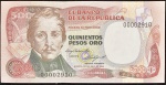 Cédula Estrangeira,  COLÔMBIA, Valor 500 Pesos Oro, Data 20/07/1984, Flor de Estampa.