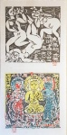 MUNAKATA, Shiko (1903-1975) - Xilogravuras postumas (1987) em fino papel de arroz, realizadas a partir de matrizes originais pelo MUNAKATA STUDIO. Carimbo do estudio no verso. Sendo uma impressão dupla, uma colorida e outra pb. Ambas com o selo vermelho original 'MUNA' (carimbo). Med. 46 x 23 cm ( folha inteira). Moldura sanduiche em alumínio c/ pintura na cor preta.. Shiko Munakata é considerado por muitos como um dos artistas japoneses modernos mais significativos do século XX. Sua obra de arte consiste em pinturas, gravuras, cerâmica e caligrafia. Olhando para o seu trabalho de arte, a maneira como ele o produziu e sua fama, alguém poderia ser tentado a chamá-lo de Picasso japonês do século XX - em todos os aspectos.