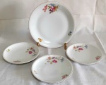 Conjunto em porcelana com decoração floral, com bordas filetados em ouro, consta (01) prato para bolo e (03) três pratos para servi.