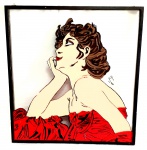 Quadro - vitrô pintado a mão representado dama de vermelho, com moldura em madeira. Mede: 46,5 x43 cm. Assinado.