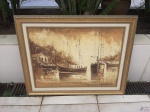 Quadro com óleo sobre tela, retratando marina, assinado E. Motccheli, moldura em madeira com patina ouro. Medindo a moldura 87cm x 66cm.