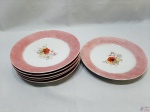 Jogo de 6 pratos rasos em porcelana pintada com relevo na borda. Medindo 24cm de diâmetro.