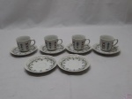 Jogo de 4 xícaras de café com 6 pires em porcelana floral, pintado à mão.
