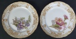 KPM - Par de pratos em porcelana polonesa na cor branca, parte central com decoração floral e ricos detalhes de ouro em alto relevo, pintados à mão.  Medindo: 18 cm.
