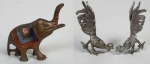 Miniatura - Elefante em bronze e dois faisões em metal prateado. Medindo:  7x 10 cm e 6,5 cm.