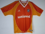 Camisa do Fluminense F.C., lançada na temporada de 2002, comemorativa ao centenário do clube (1902-2002) na cor laranja, em homenagem ao bairro de Laranjeiras. nº 9,  Adidas, Unimed, tamanho M (veste G), sem nenhum fio puxado.